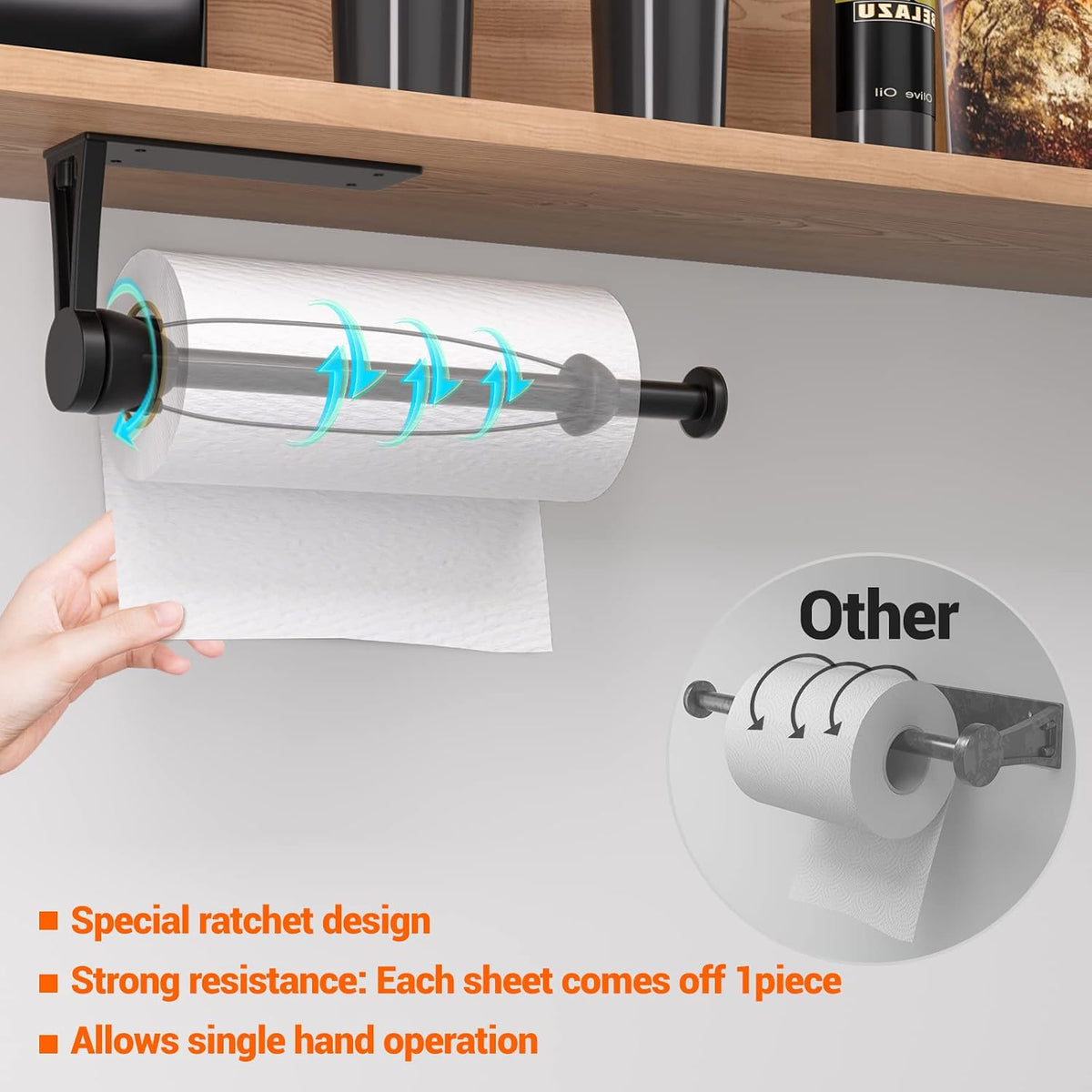 Paper Towel Holder Under Cabinet, Single Hand Operable Wall Mount